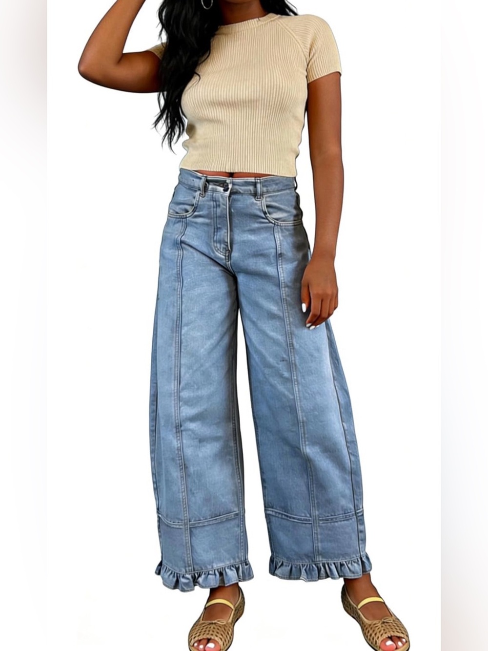 NWT & NIB-Barrel patchwork Ruffle Hem Denim - Picture 4 of 4